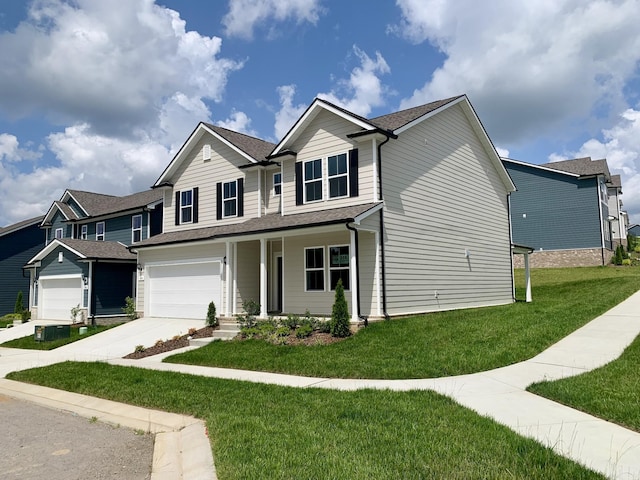 458 Jet Stream Dr, La Vergne, TN 37086 - view of front facade featuring concrete driveway, covered porch, a front yard, an attached garage, and a shingled roof
