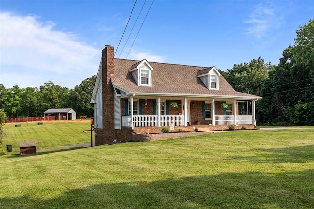 5455 Bales Rd, Cunningham, TN 37052 - cape cod-style house with a porch, a front lawn, a chimney, and a shingled roof