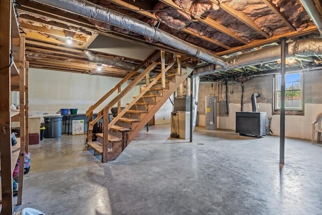5455 Bales Rd, Cunningham, TN 37052 - basement featuring stairway, water heater, and heating unit