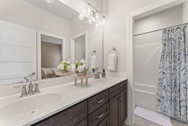 239 Mcclaran Pl, Murfreesboro, TN 37129 - full bath featuring double vanity, shower / tub combo, and tile patterned floors