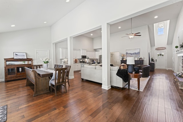 239 Mcclaran Pl, Murfreesboro, TN 37129 - dining room with high vaulted ceiling, ceiling fan, recessed lighting, and dark wood finished floors