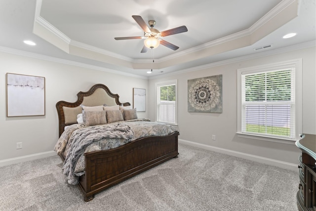 239 Mcclaran Pl, Murfreesboro, TN 37129 - bedroom featuring a raised ceiling, carpet flooring, crown molding, a ceiling fan, and recessed lighting
