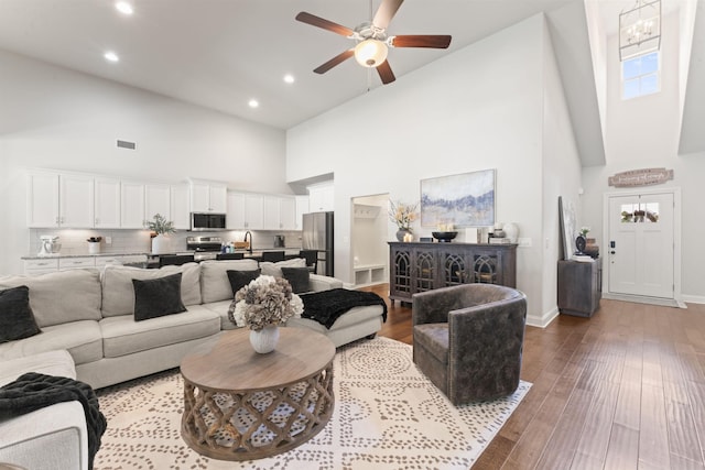 239 Mcclaran Pl, Murfreesboro, TN 37129 - living room featuring high vaulted ceiling, hardwood / wood-style flooring, recessed lighting, and ceiling fan