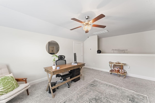 239 Mcclaran Pl, Murfreesboro, TN 37129 - office featuring a ceiling fan, carpet, and lofted ceiling
