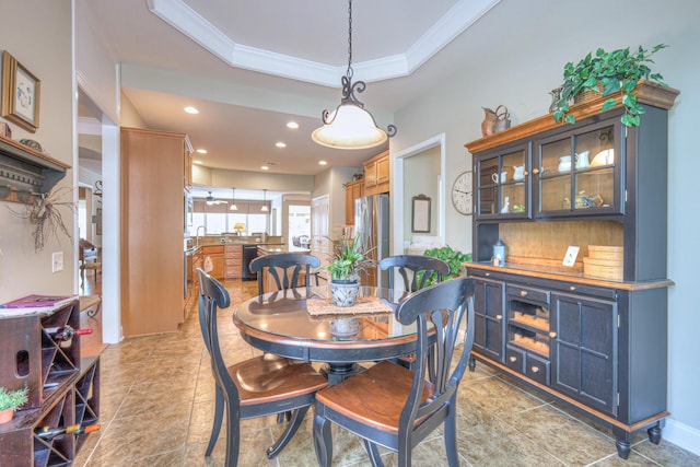 507 Bugler Rd, Mount Juliet, TN 37122 - dining space featuring a tray ceiling, crown molding, recessed lighting, and light tile patterned flooring