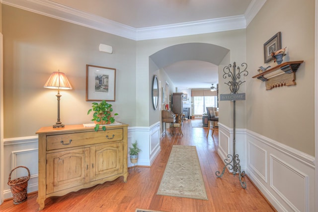 507 Bugler Rd, Mount Juliet, TN 37122 - corridor with light wood-type flooring, wainscoting, arched walkways, a decorative wall, and crown molding