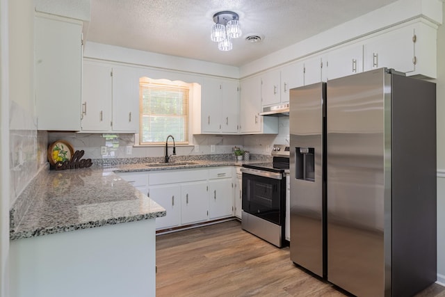 524 Inver Ln, Clarksville, TN 37042 - kitchen with stainless steel appliances, under cabinet range hood, light stone countertops, light wood-style flooring, and tasteful backsplash