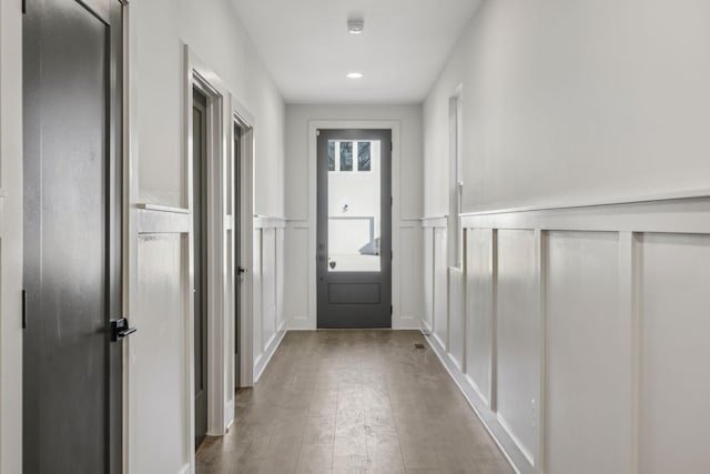 1734B Kellow St, Nashville, TN 37208 - entryway with a decorative wall, a wainscoted wall, wood finished floors, and recessed lighting