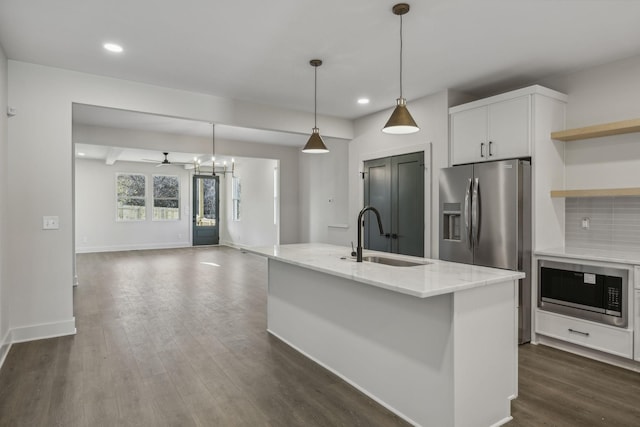 1734B Kellow St, Nashville, TN 37208 - kitchen with built in microwave, open shelves, dark wood-style floors, decorative light fixtures, and recessed lighting