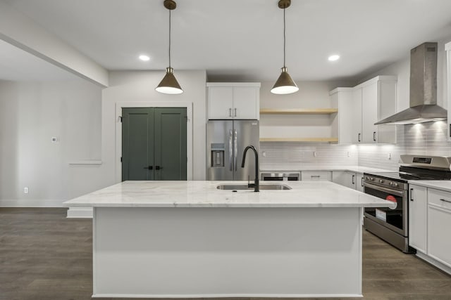 1734B Kellow St, Nashville, TN 37208 - kitchen with wall chimney exhaust hood, stainless steel appliances, backsplash, open shelves, and a kitchen island with sink