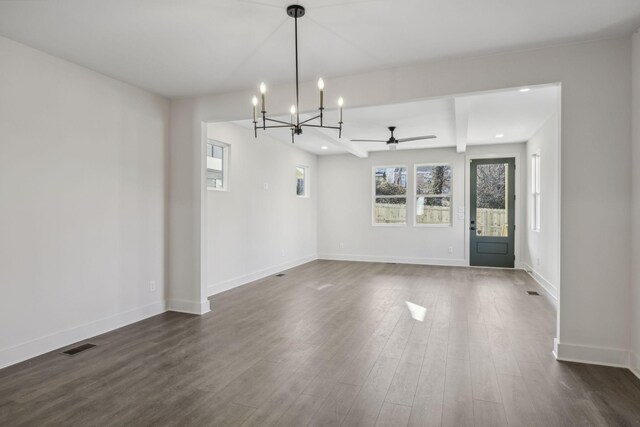1734B Kellow St, Nashville, TN 37208 - unfurnished dining area with a chandelier, dark wood-type flooring, ceiling fan, beam ceiling, and recessed lighting