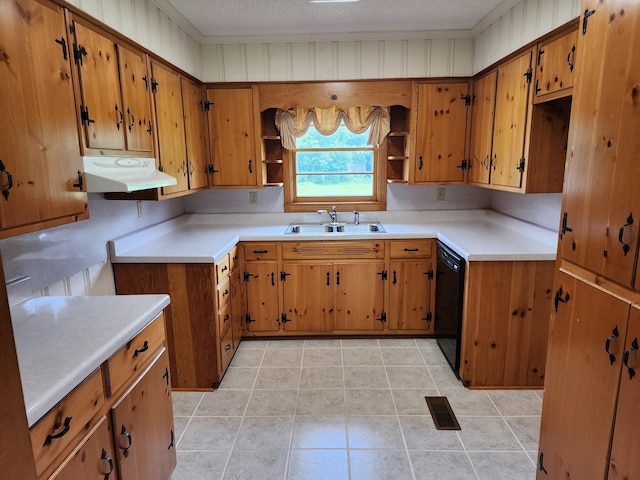1036 Old Bottom Rd, Lafayette, TN 37083 - kitchen with open shelves, under cabinet range hood, dishwasher, brown cabinetry, and light countertops