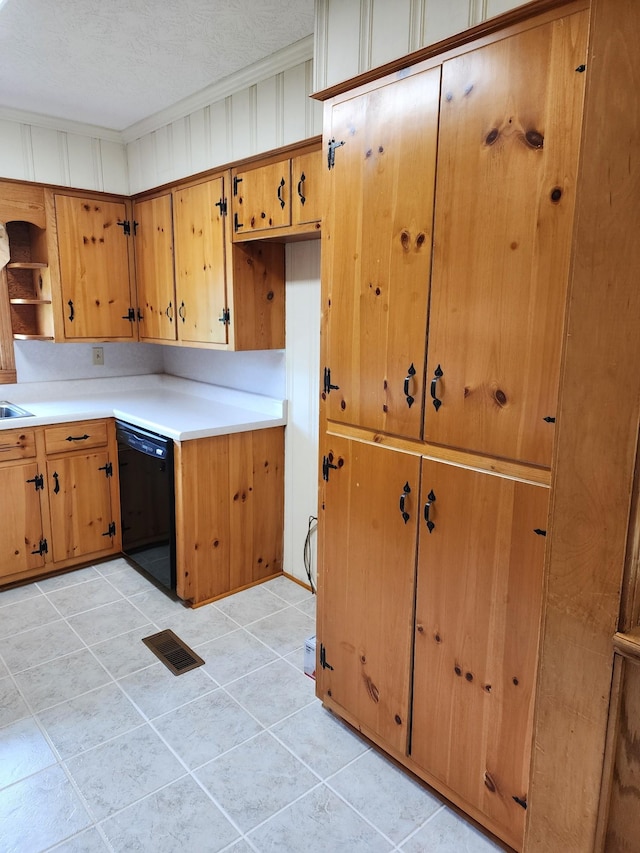1036 Old Bottom Rd, Lafayette, TN 37083 - kitchen with black dishwasher, open shelves, light countertops, light tile patterned flooring, and brown cabinets