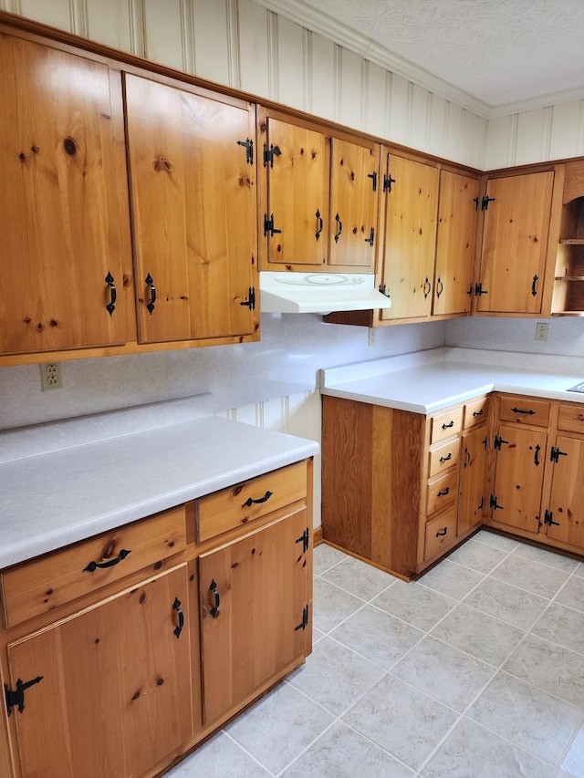 1036 Old Bottom Rd, Lafayette, TN 37083 - kitchen featuring under cabinet range hood, light countertops, open shelves, and crown molding