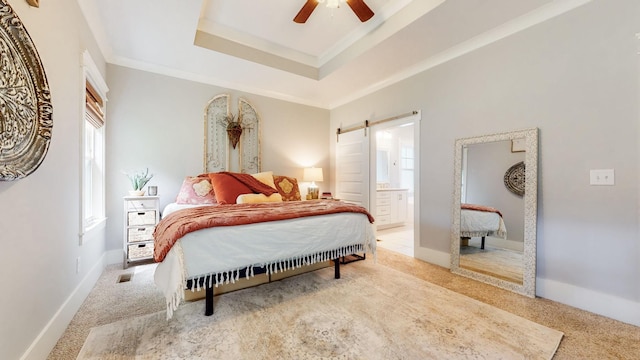 7146 Pepper Tree Cir, Fairview, TN 37062 - bedroom with carpet floors, a barn door, connected bathroom, and ornamental molding