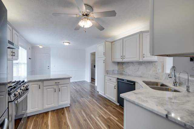 3216 Vestry Ave, Murfreesboro, TN 37129 - kitchen featuring stainless steel gas stove, dishwasher, wood finished floors, ceiling fan, and light stone counters