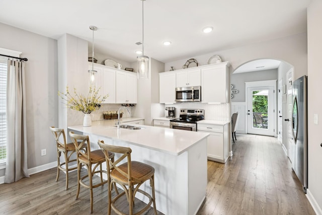 2515 Napa Valley Way, Columbia, TN 38401 - kitchen featuring appliances with stainless steel finishes, arched walkways, light wood finished floors, tasteful backsplash, and a peninsula
