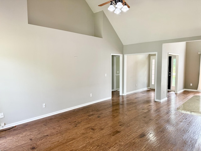 740 N Palmers Chapel Rd, White House, TN 37188 - unfurnished living room featuring high vaulted ceiling, ceiling fan, and wood finished floors