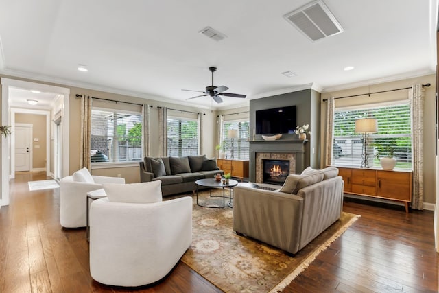 600 Tywater Crossing Blvd, Franklin, TN 37064 - living area with ornamental molding, a brick fireplace, dark wood finished floors, ceiling fan, and recessed lighting