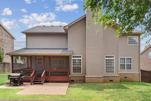 1164 Sydney Ter, Mount Juliet, TN 37122 - back of property with crawl space, a sunroom, a patio, a chimney, and roof with shingles