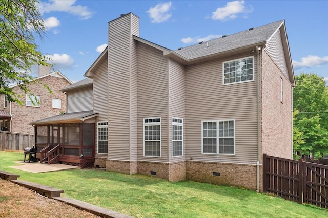 1164 Sydney Ter, Mount Juliet, TN 37122 - back of property featuring crawl space, a sunroom, a patio, a chimney, and roof with shingles