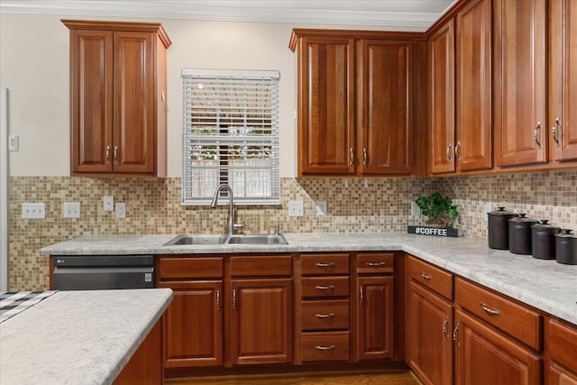 1164 Sydney Ter, Mount Juliet, TN 37122 - kitchen with stainless steel dishwasher, ornamental molding, light countertops, tasteful backsplash, and brown cabinetry