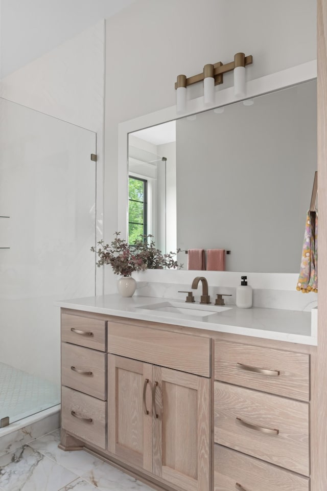 4896 Bethesda Rd, Thompsons Station, TN 37179 - bathroom with vanity, a shower stall, and marble look tile flooring