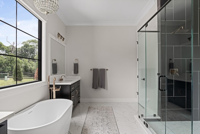 4896 Bethesda Rd, Thompsons Station, TN 37179 - full bathroom with vanity, a freestanding tub, a stall shower, marble finish floors, and ornamental molding