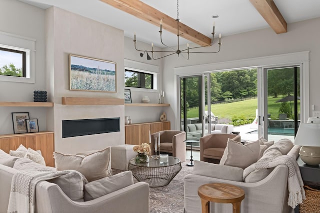 4896 Bethesda Rd, Thompsons Station, TN 37179 - living room featuring a chandelier, beamed ceiling, and a fireplace