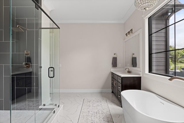 4896 Bethesda Rd, Thompsons Station, TN 37179 - full bath featuring vanity, marble tiled floors, a freestanding tub, a shower stall, and ornamental molding
