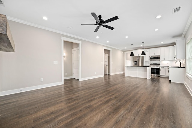 2207 Sulphur Springs Rd, Murfreesboro, TN 37129 - unfurnished living room featuring recessed lighting, ceiling fan, ornamental molding, and dark wood-type flooring