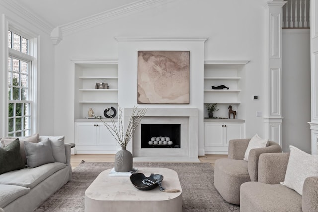 2455 Hidden River Ln, Franklin, TN 37069 - living room with built in shelves, light wood-style flooring, lofted ceiling, a high end fireplace, and crown molding