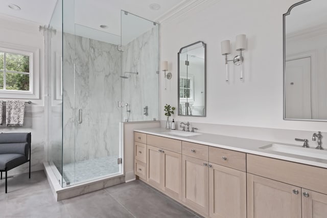 2455 Hidden River Ln, Franklin, TN 37069 - full bathroom with ornamental molding, a marble finish shower, and double vanity