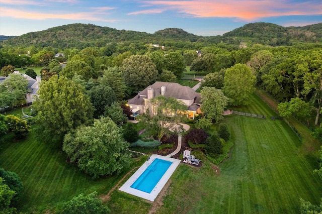 2455 Hidden River Ln, Franklin, TN 37069 - aerial view at dusk of view of pool area, a forest view, and a mountain view