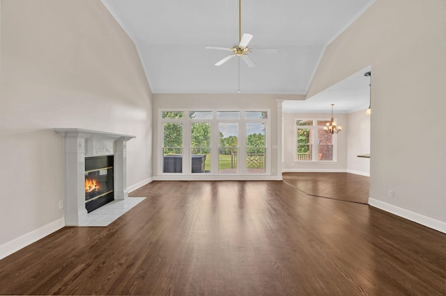 375 Natchez Trace Ct, Murfreesboro, TN 37127 - unfurnished living room with lofted ceiling, a chandelier, a fireplace with flush hearth, crown molding, and wood finished floors