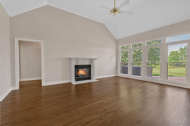 375 Natchez Trace Ct, Murfreesboro, TN 37127 - unfurnished living room with a fireplace with flush hearth, ceiling fan, dark wood-type flooring, crown molding, and high vaulted ceiling