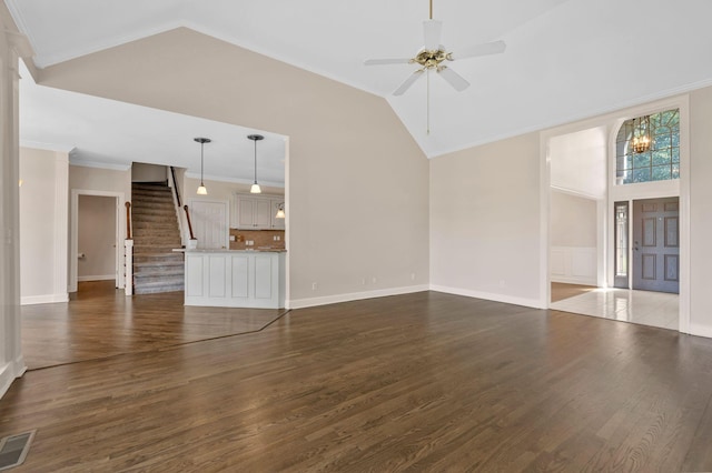 375 Natchez Trace Ct, Murfreesboro, TN 37127 - unfurnished living room with dark wood-style floors, ornamental molding, a ceiling fan, stairway, and high vaulted ceiling