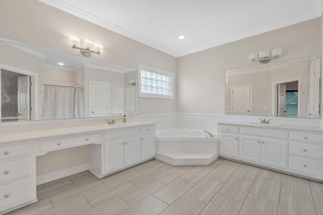 375 Natchez Trace Ct, Murfreesboro, TN 37127 - bathroom featuring a garden tub, two vanities, crown molding, recessed lighting, and a shower with shower curtain