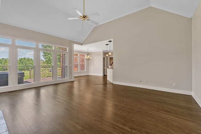 375 Natchez Trace Ct, Murfreesboro, TN 37127 - unfurnished living room featuring vaulted ceiling, a chandelier, dark wood-style flooring, ornamental molding, and ceiling fan