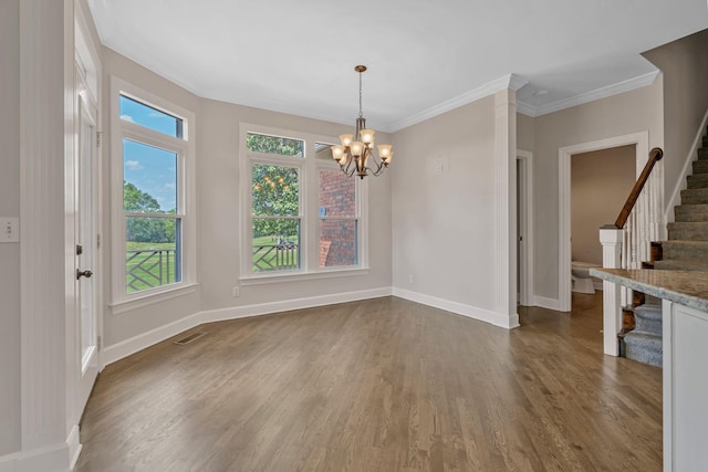375 Natchez Trace Ct, Murfreesboro, TN 37127 - unfurnished dining area with stairs, dark wood-style flooring, plenty of natural light, and ornamental molding