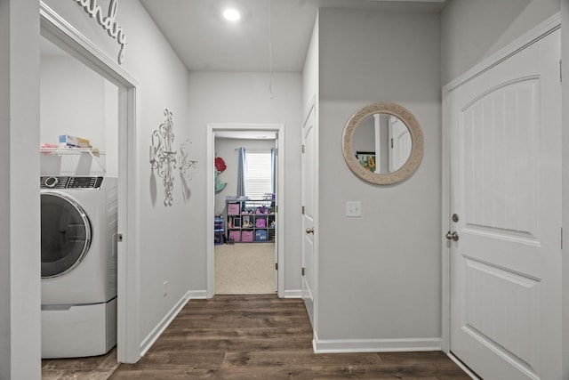2028 Tate Farm Ln, White House, TN 37188 - washroom featuring washer / clothes dryer, attic access, dark wood-style flooring, and recessed lighting