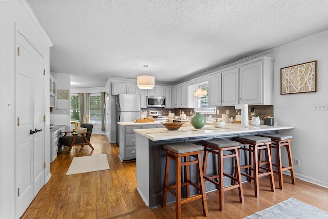 1830 Bradbury Rd, Adams, TN 37010 - kitchen featuring stainless steel appliances, a peninsula, wood finished floors, a textured ceiling, and tasteful backsplash