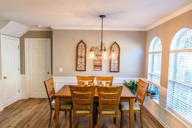 1699 Burnt Oak Dr Unit 195, Dalton, GA 30721 - dining space with wood finished floors, a wainscoted wall, crown molding, a textured ceiling, and a chandelier