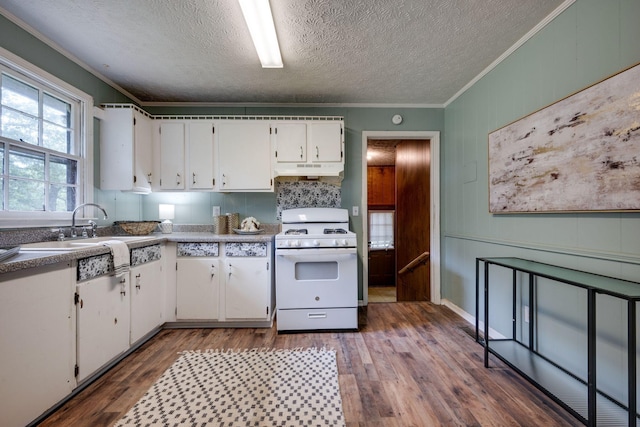 1529 W Grab Creek Rd, Dickson, TN 37055 - kitchen with white gas range oven, crown molding, white cabinetry, wood finished floors, and under cabinet range hood