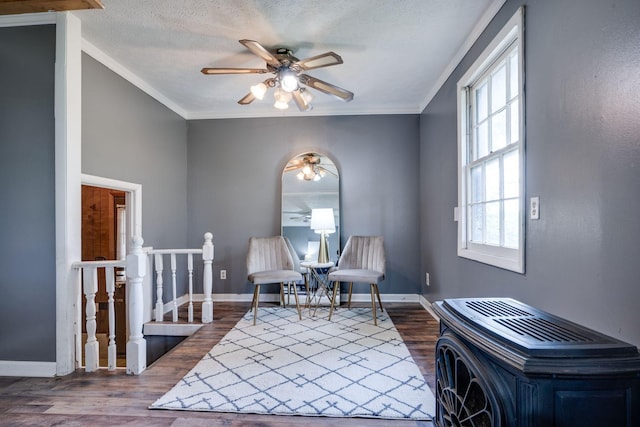 1529 W Grab Creek Rd, Dickson, TN 37055 - living area with dark wood-style floors, ceiling fan, an upstairs landing, crown molding, and a textured ceiling