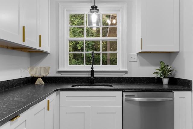 109 Anderson Dr, Chattanooga, TN 37421 - kitchen featuring dishwasher, white cabinetry, and decorative light fixtures