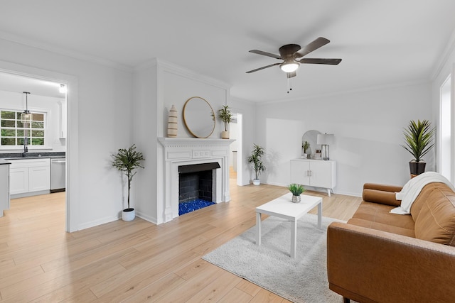 109 Anderson Dr, Chattanooga, TN 37421 - living room with ceiling fan, light wood-style flooring, a fireplace, and crown molding