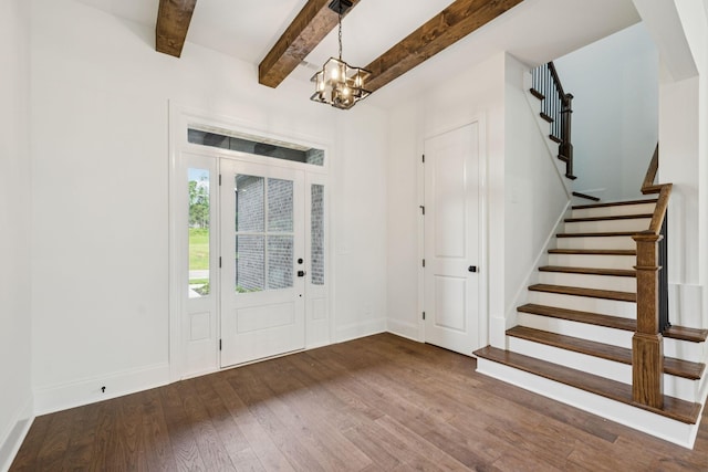 508 Matthew Miller Dr, Smyrna, TN 37167 - entryway featuring wood finished floors, stairs, a chandelier, and beamed ceiling
