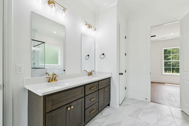 508 Matthew Miller Dr, Smyrna, TN 37167 - bathroom featuring double vanity, a shower, and marble look tiles