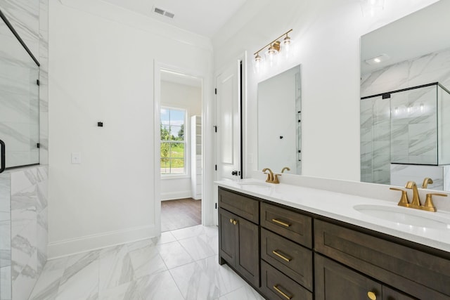 508 Matthew Miller Dr, Smyrna, TN 37167 - full bathroom with double vanity, a marble finish shower, and marble look tile flooring